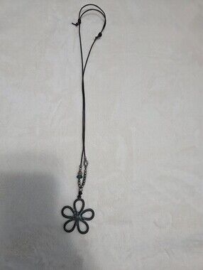 Le Grande Handmade Boho Flower Pendant Patina Necklace Black Turquoise Cord